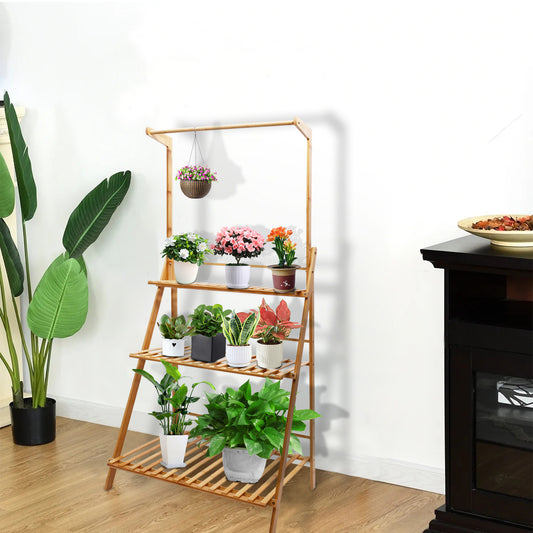 Plant Shelf, Bamboo 3-Tier Hanging Plant Stand Planter Shelves Flower Pot Organizer Rack Folding Display Shelving Plants Shelf Unit Holder