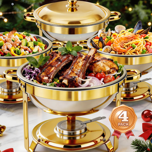 Round Half-Gold Plated Stainless Steel Chafing Dish with Stainless Steel Lid, Buffet Warmer Set, 4-Pack, for Home Gatherings, Christmas Parties, Catering Events