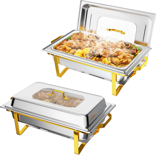 IAMSTECH Rectangular Chafing Dish Buffet Set 2Pack, 9QT Buffet Warmer Sets and Stainless Steel Chafer for Hotel Catering, Parties, Weddings(Gold)