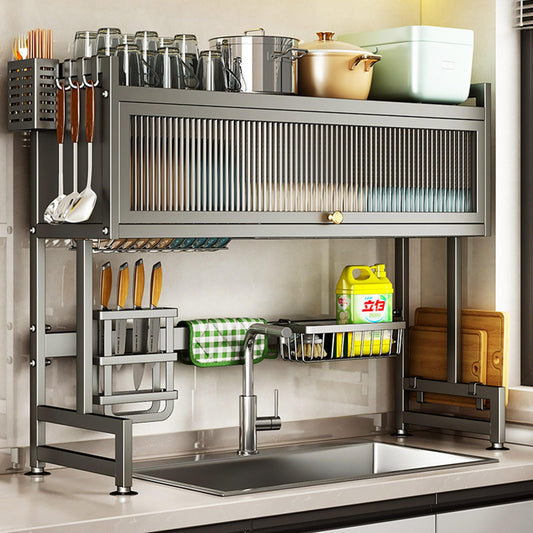 Dish Drying Rack, Large Stainless Steel Over The Sink 2 Tier Dish Rack with Cover for Kitchen (Black, Large 33.5" Length)