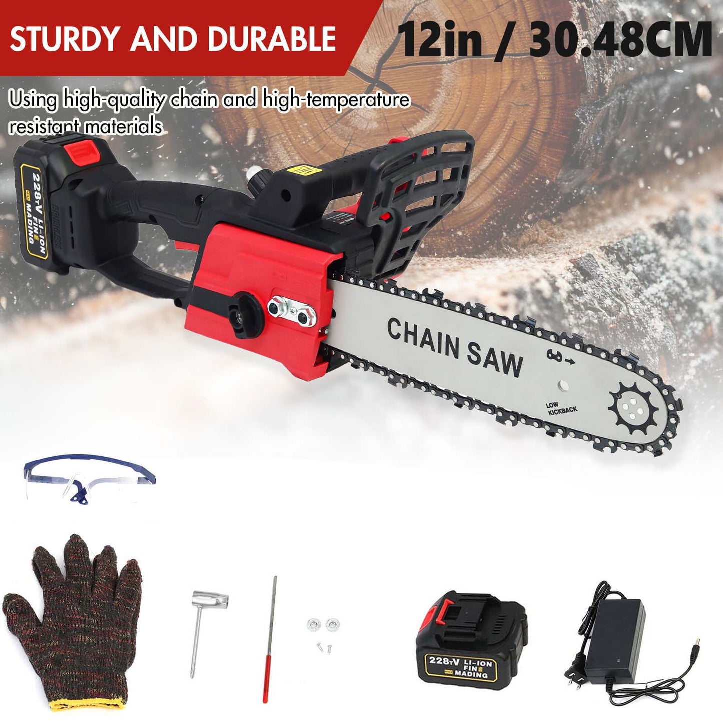 12 inch Cordless Chainsaw with 21V 3.0Ah Battery and Charger, Electric Handheld Chainsaw for Tree Trimming, Wood Cutting, Outdoor Yard Work, 800W