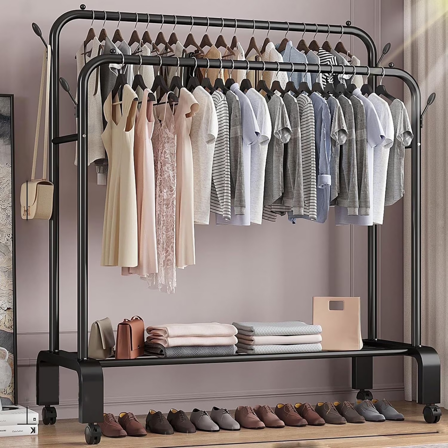 Clothes-Rack-for-Hanging-Clothes,-Double-Rods-Clothes-Rack-with-Wheels,-Multi-functional-Clothing-Rack-for-Bedroom,-4-Hooks