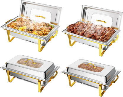 IAMSTECH Chafing Dish Buffet Set 4Pack, 9QT Rectangular Stainless Steel Chafer and Buffet Warmer Sets for Hotel Catering, Parties, Weddings(Gold)