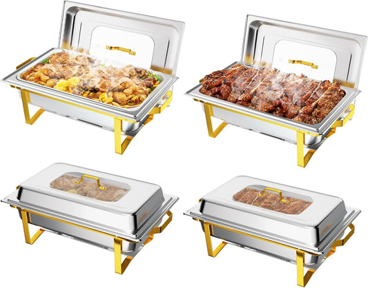 IAMSTECH Chafing Dish Buffet Set 4Pack, 9QT Rectangular Stainless Steel Chafer and Buffet Warmer Sets for Hotel Catering, Parties, Weddings(Gold)