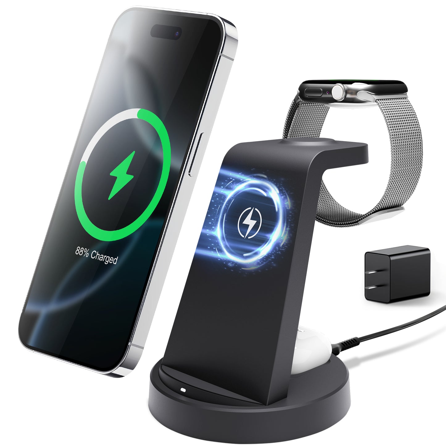 Charging Station, Magnetic Wireless Charger for iPhone 17 16 15 14 13 12, for iWatch Series, for Airpods 4 3 2, for Samsung Galaxy, Black