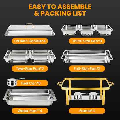 4 Pack Chafing Dish Buffet Set 9QT Stainless Steel Chafing Dishes, Single/Double/Triple Compartment, Buffet Server Food Warmer for Buffet, Birthday, Holiday Parties, and Family Gatherings-Semi-gold
