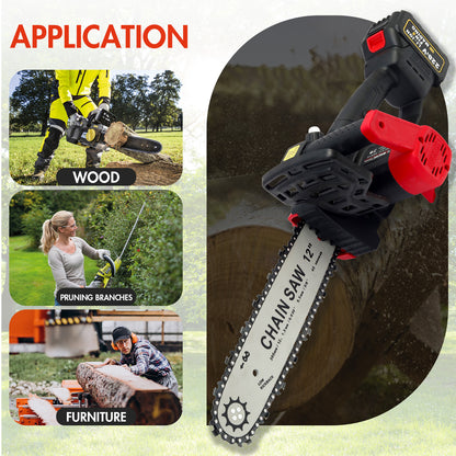 12 inch Cordless Chainsaw with 21V 3.0Ah Battery and Charger, Electric Handheld Chainsaw for Tree Trimming, Wood Cutting, Outdoor Yard Work, 800W