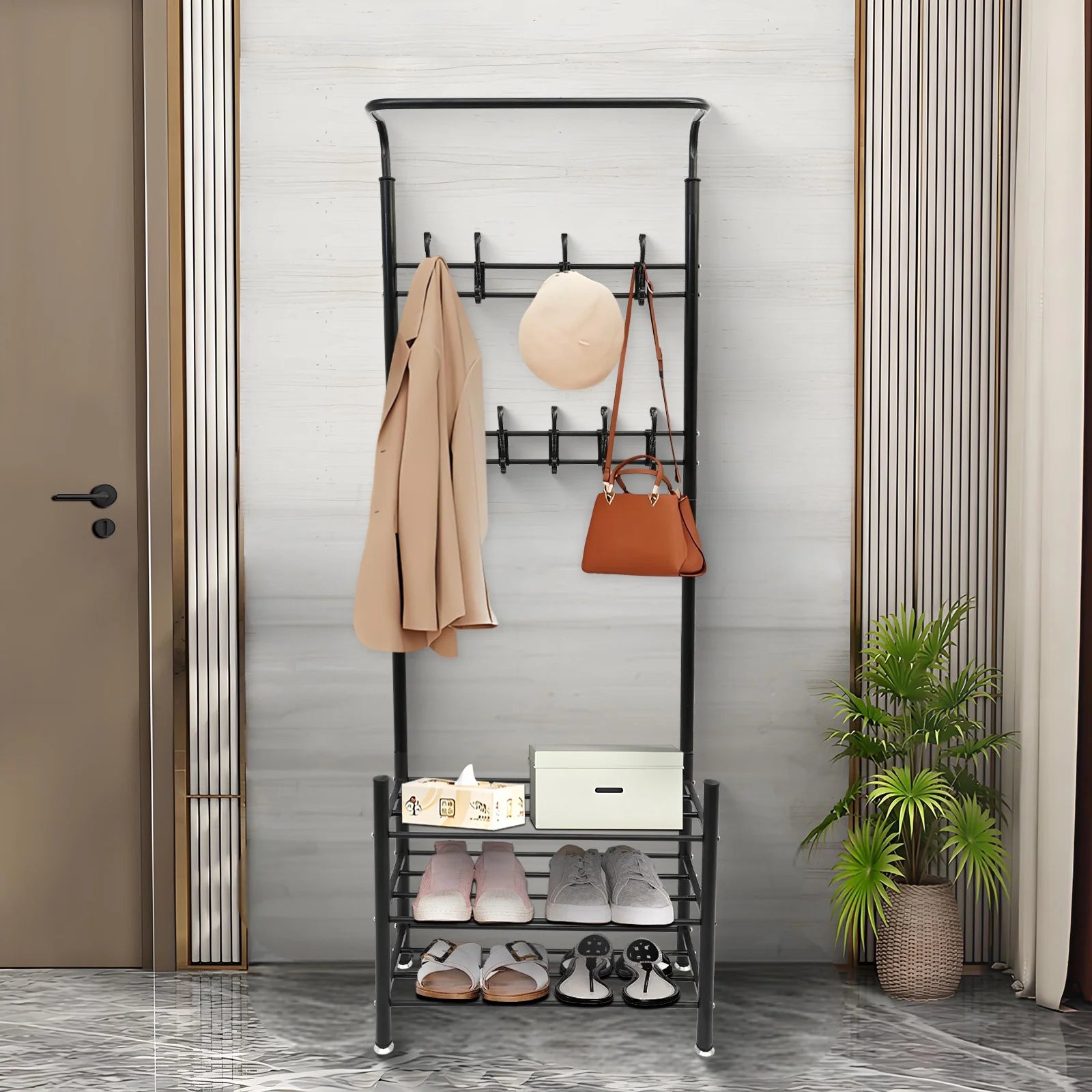 Also go 3-in-1 Coat Rack Shoe Bench Entryway Hall Tree with 9 Hooks and 3-Tier Shoe Storage Bench, Metal Coat Hat Stand Rod for Hanging Jacket, Easy Assembly, Black