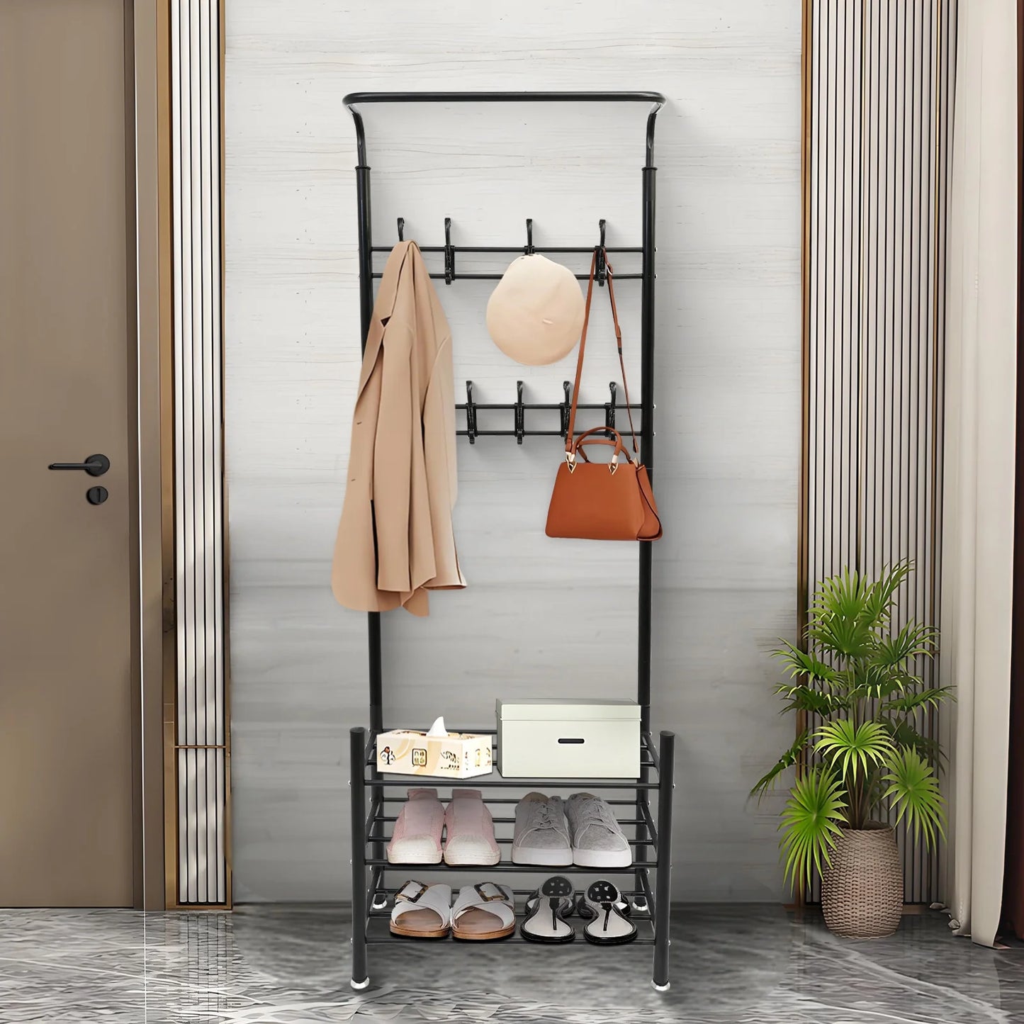 Also go 3-in-1 Coat Rack Shoe Bench Entryway Hall Tree with 9 Hooks and 3-Tier Shoe Storage Bench, Metal Coat Hat Stand Rod for Hanging Jacket, Easy Assembly, Black