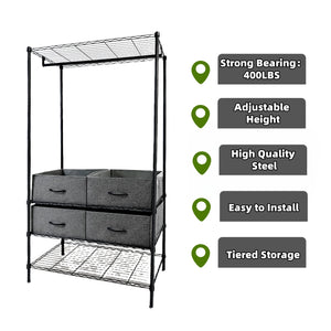 Heavy Duty Clothes Rack with 4 Fabric Drawers Adjustable Metal Wire Garment Rack W/Hanging Rod, DIY Freestanding Clothing Rack, 400lbs Load Capacity, Black
