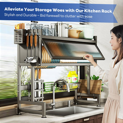 Dish Drying Rack, Large Stainless Steel Over The Sink 2 Tier Dish Rack with Cover for Kitchen (Black, Large 33.5" Length)