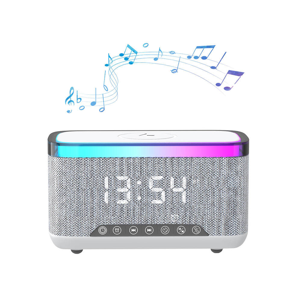 4-in-1 Wireless Charger, 15W Fast Desk Wireless Charging Station for iPhone 17-12 Pro Max Plus with Bluetooth Stereo Speaker,Digital Clock Alarm,Colors Night Lamp for iPhone