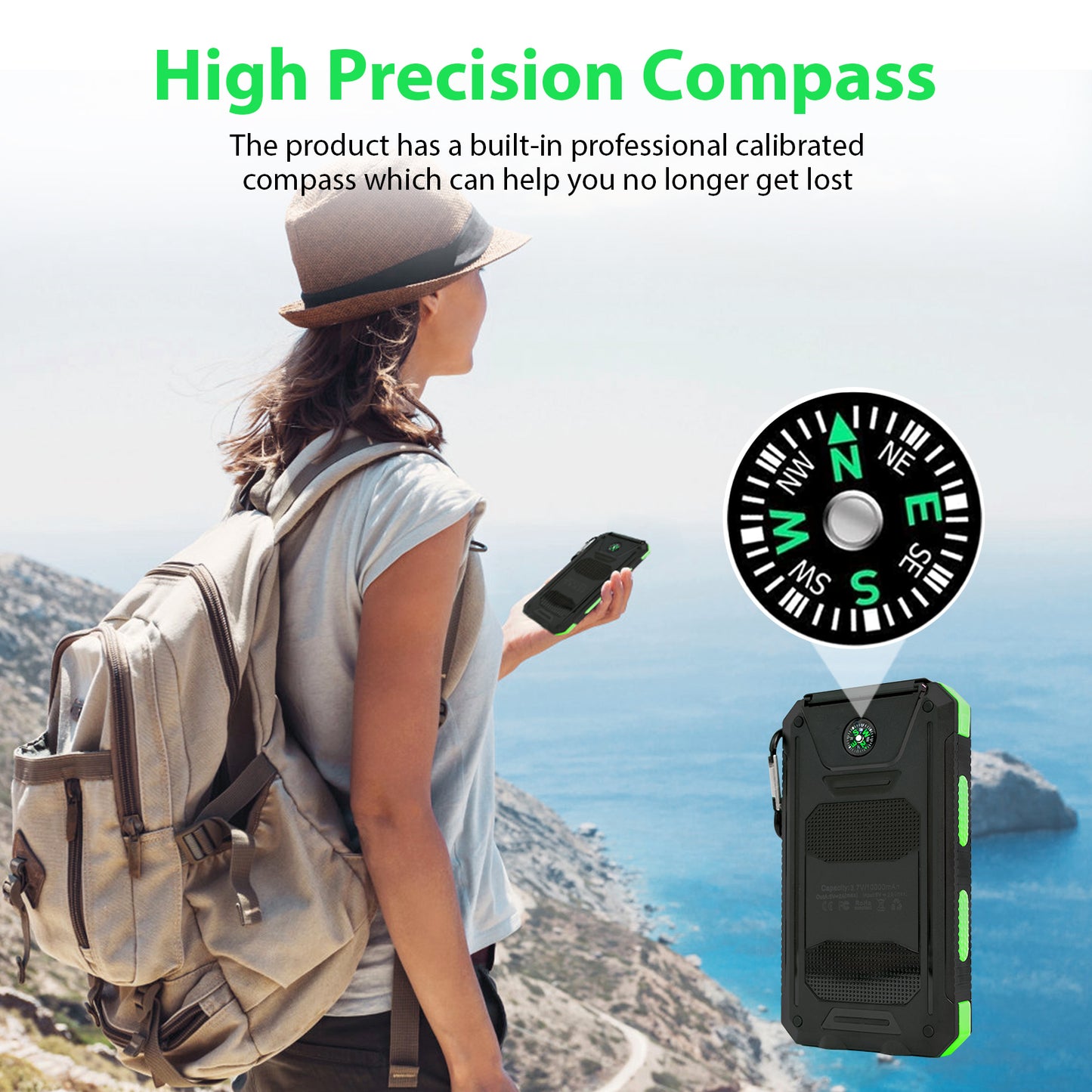 BAOKALER 30000mAh Solar Charger for Cell Phone iPhone, Portable Solar Power Bank with Dual 5V USB Ports, 2 Led Light Flashlight, Compass Battery Pack for Outdoor Camping Hiking(Green)