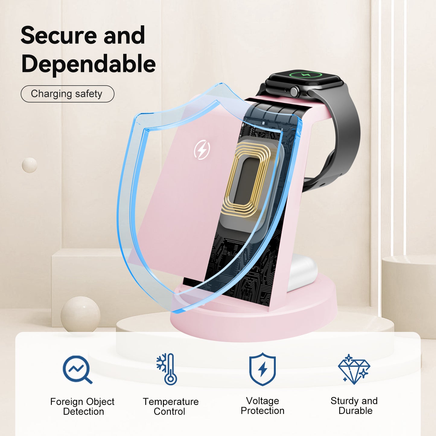 Wireless Charger for iPhone, 3 in 1 Charging Station Compatible with iPhone 17 to 12, Compatible with iWatch Series, Compatible with Airpods 4 3 2 Pro, Pink