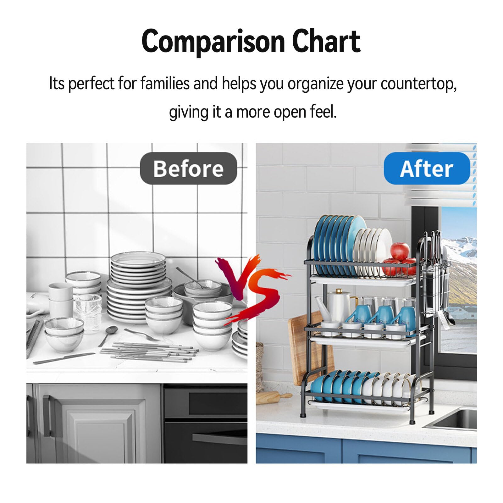 3 Tier Dish Rack for Kitchen, Rustproof Dish Drying Rack with Drain Trays, Stainless Steel Dish Drainer, Multifunctional Drying Rack for Dishes with Knife Holder Cutting Board Holder, Black