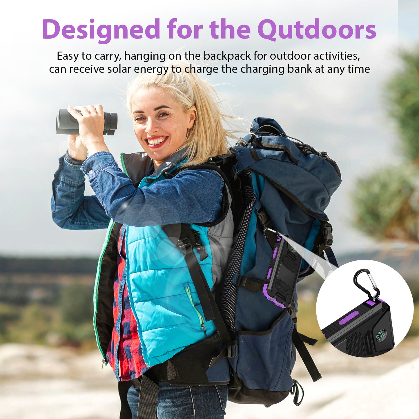 BAOKALER 30000mAh Solar Charger for Cell Phone iPhone, Portable Solar Power Bank with Dual 5V USB Ports, 2 Led Light Flashlight, Compass Battery Pack for Outdoor Camping Hiking(Purple)