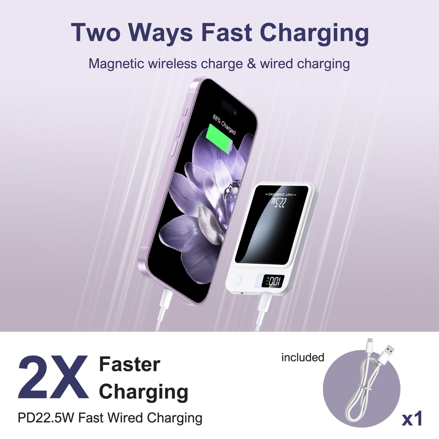 10000mAh 2-in-1 Wireless Power Bank, Magnetic Portable Charger with LED Power Display, Fast Charging 22.5W Battery Pack, Suitable for Outdoor Travel Emergency Backup Power Bank, White