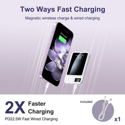 10000mAh 2-in-1 Wireless Power Bank, Magnetic Portable Charger with LED Power Display, Fast Charging 22.5W Battery Pack, Suitable for Outdoor Travel Emergency Backup Power Bank, White