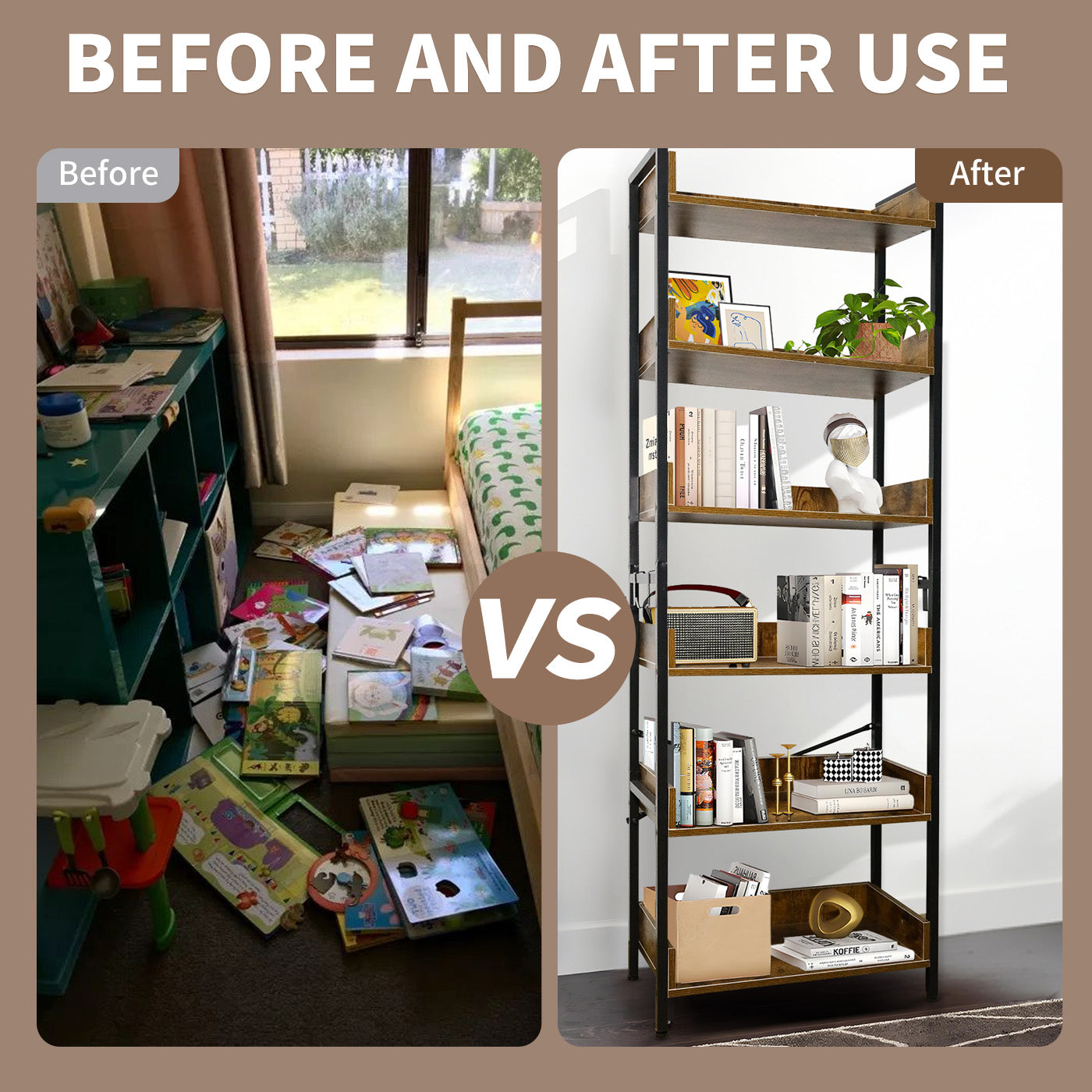 Amstech Bookshelf 6 Tier with 4 Hooks, Metal Framed Free-Standing Storage Shelf for Living Room and Home Office, Vintage