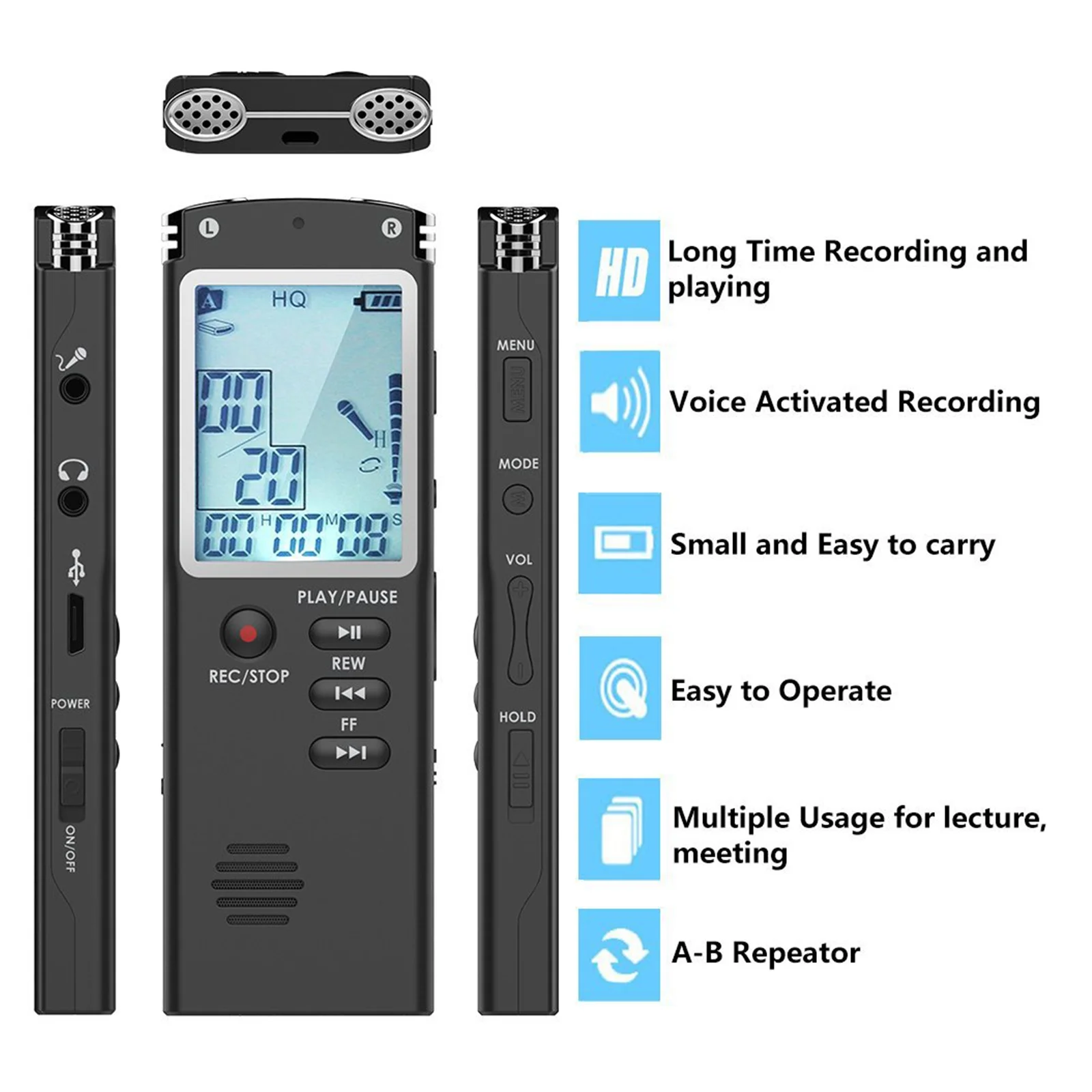 32GB Lecture Digital Voice Recorder, Rechargeable Digital Voice Activated Audio Voice Recorder, Mini Audio Recorder Voice Mic, Portable Tape Dictaphone with Playback, USB, MP3, A-B Function