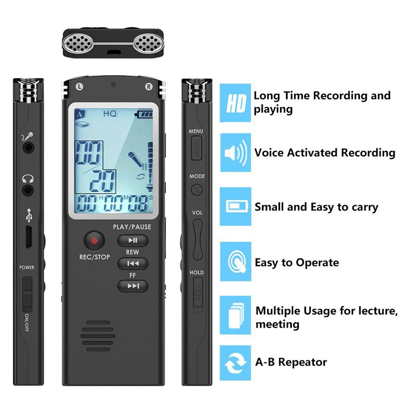 32GB Lecture Digital Voice Recorder, Rechargeable Digital Voice Activated Audio Voice Recorder, Mini Audio Recorder Voice Mic, Portable Tape Dictaphone with Playback, USB, MP3, A-B Function