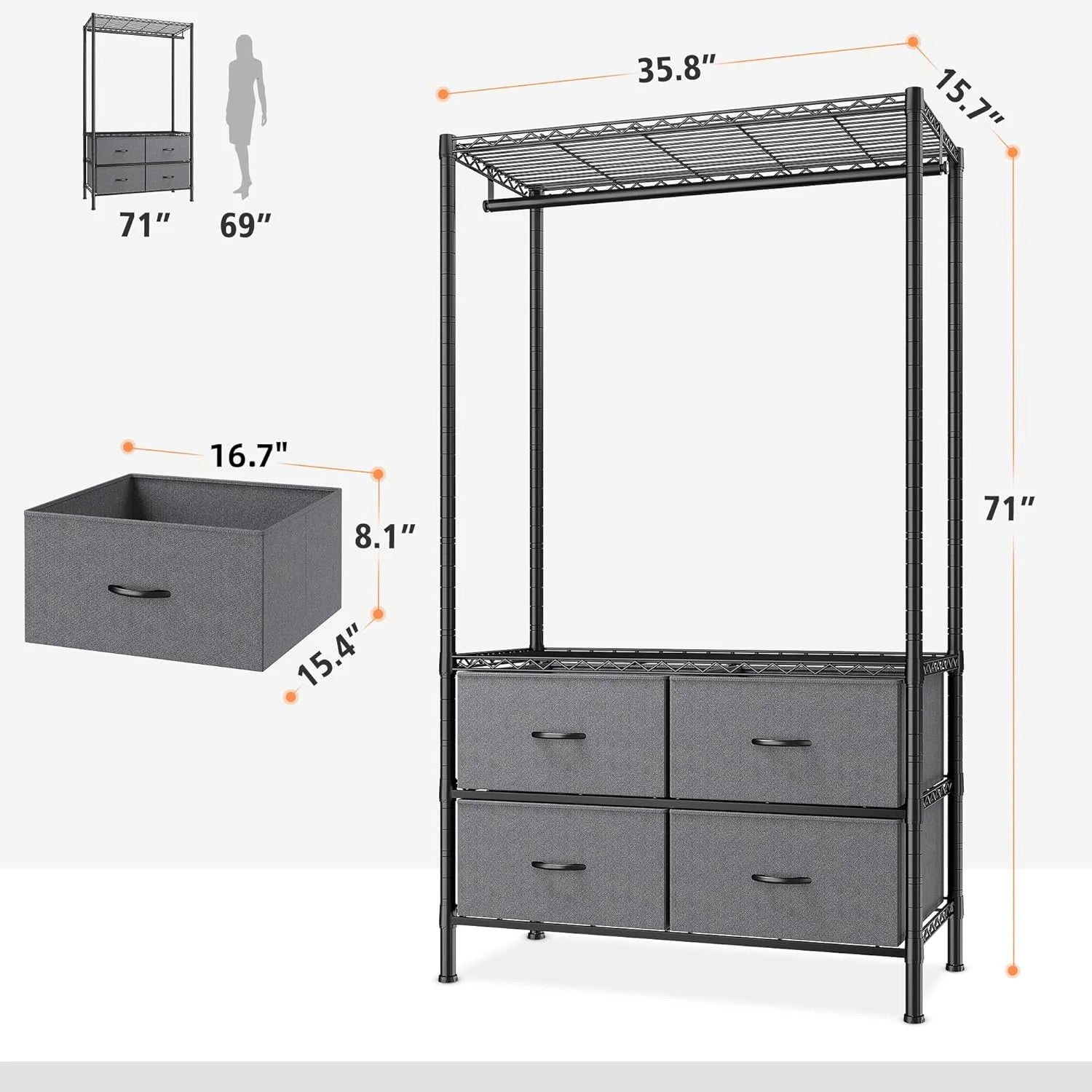 Heavy Duty Clothes Rack with 4 Fabric Drawers Adjustable Metal Wire Garment Rack W/Hanging Rod, DIY Freestanding Clothing Rack, 400lbs Load Capacity, Black