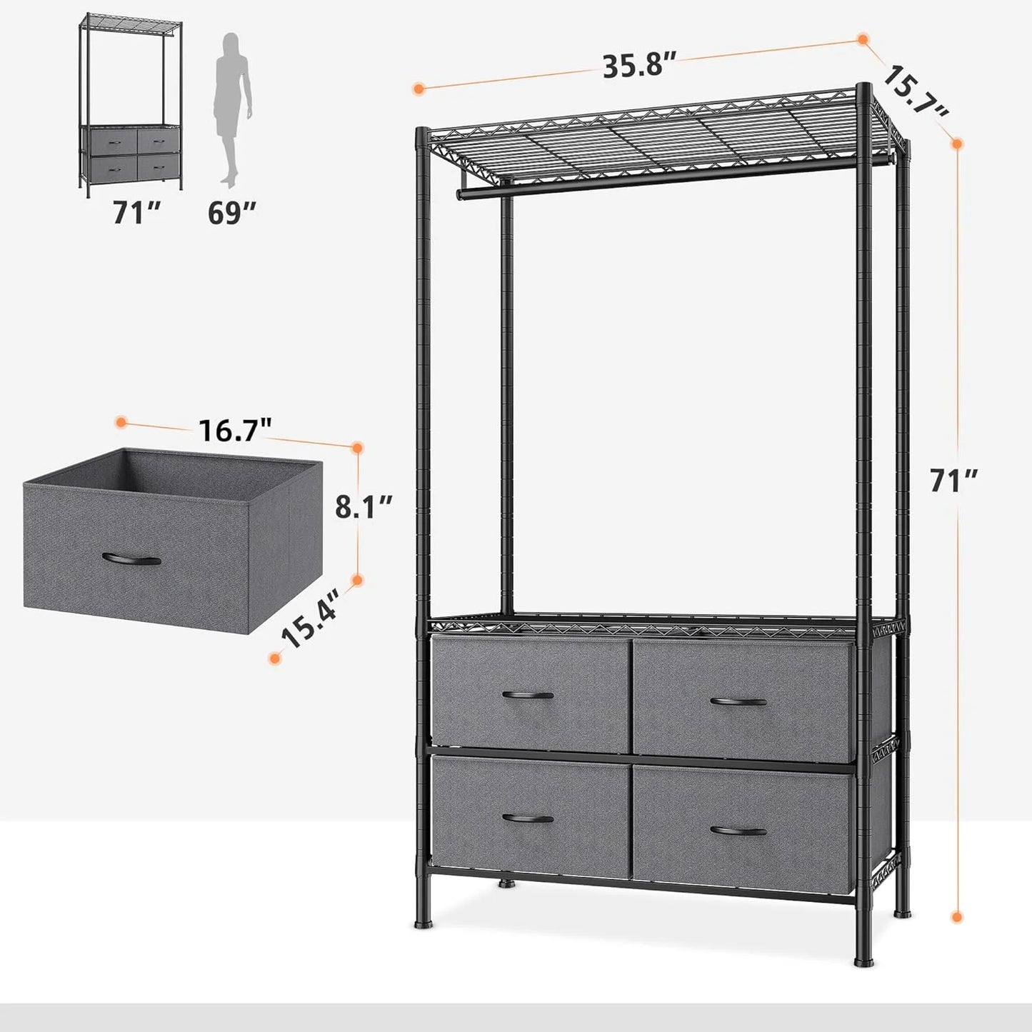 Heavy Duty Clothes Rack with 4 Fabric Drawers Adjustable Metal Wire Garment Rack W/Hanging Rod, DIY Freestanding Clothing Rack, 400lbs Load Capacity, Black