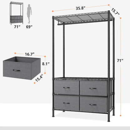Heavy Duty Clothes Rack with 4 Fabric Drawers Adjustable Metal Wire Garment Rack W/Hanging Rod, DIY Freestanding Clothing Rack, 400lbs Load Capacity, Black