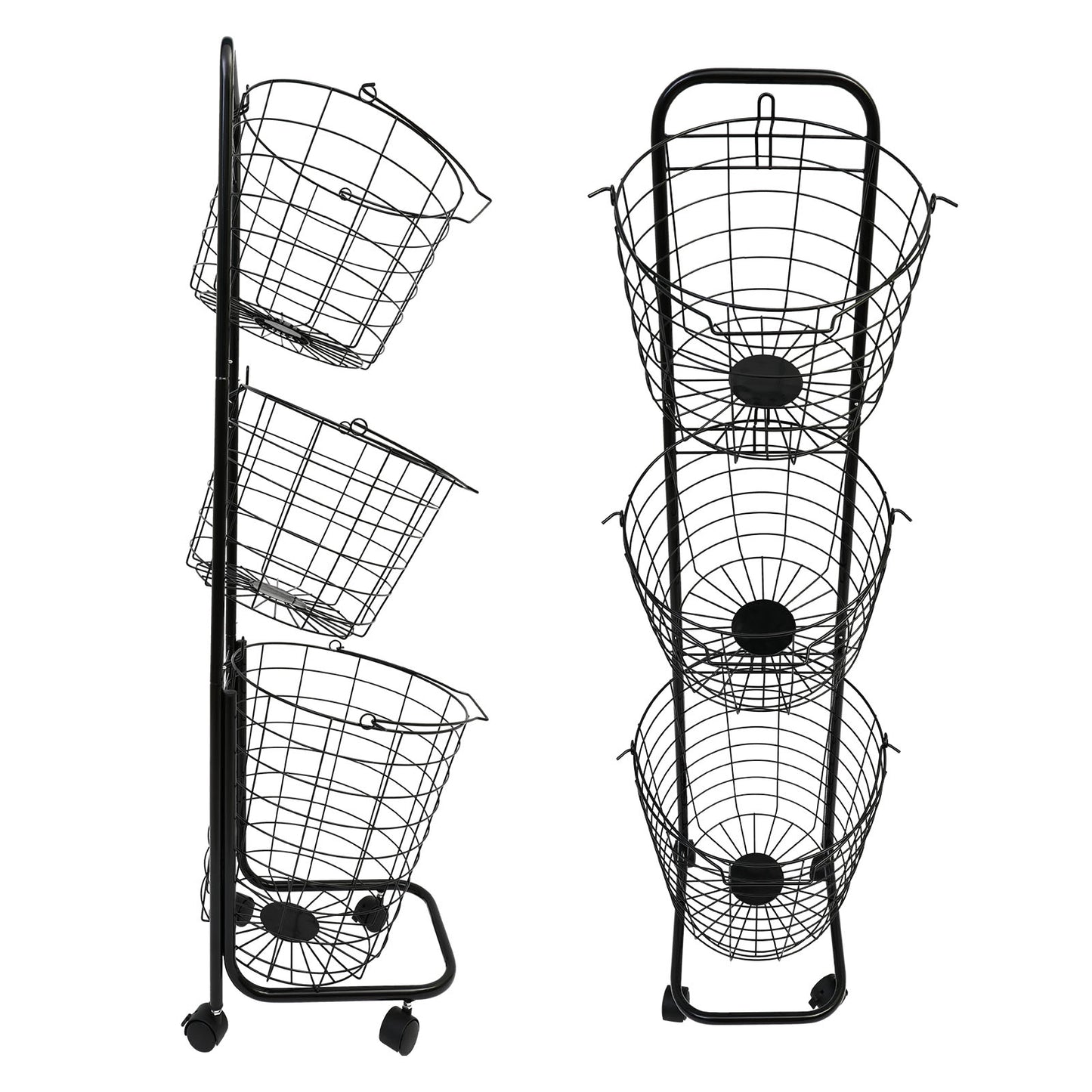 3 Tier Laundry Basket with Lockable Wheels, Wire Metal Sorter Storage Trolley with 3 Removable Basket, Durable Clothes Storage Hamper, Black