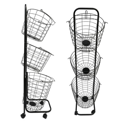 3 Tier Laundry Basket with Lockable Wheels, Wire Metal Sorter Storage Trolley with 3 Removable Basket, Durable Clothes Storage Hamper, Black