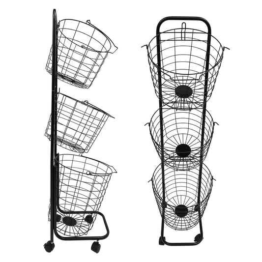 3 Tier Laundry Basket with Lockable Wheels, Wire Metal Sorter Storage Trolley with 3 Removable Basket, Durable Clothes Storage Hamper, Black