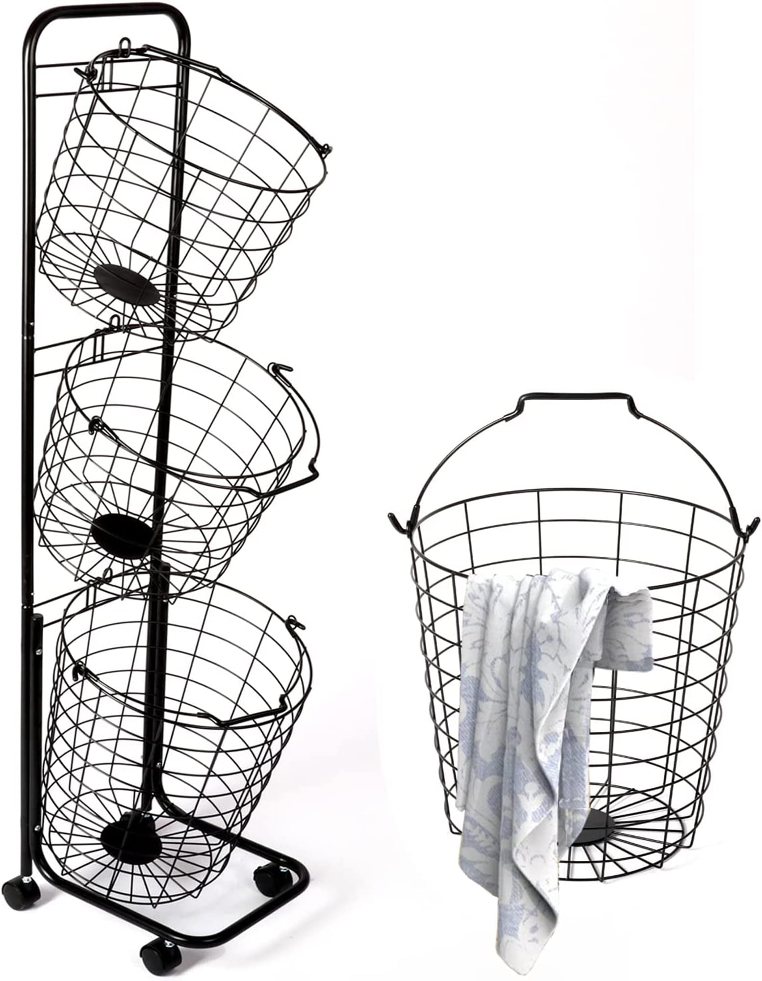 Amstech Removable 3 Tier Laundry Basket, Large Capacity Wire Basket Laundry Hamper with Wheels, for Bathroom Bedroom Laundry Room, Black