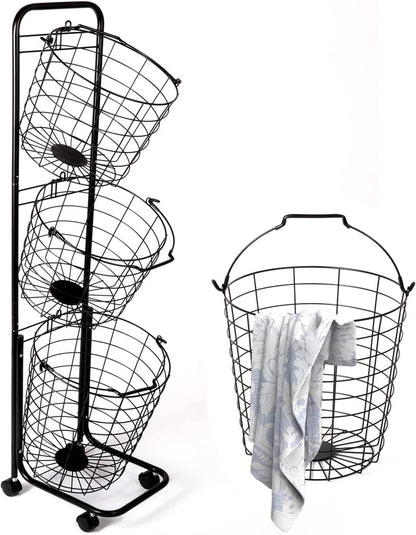 Amstech Removable 3 Tier Laundry Basket, Large Capacity Wire Basket Laundry Hamper with Wheels, for Bathroom Bedroom Laundry Room, Black
