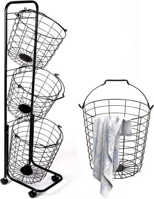 Amstech Removable 3 Tier Laundry Basket, Large Capacity Wire Basket Laundry Hamper with Wheels, for Bathroom Bedroom Laundry Room, Black