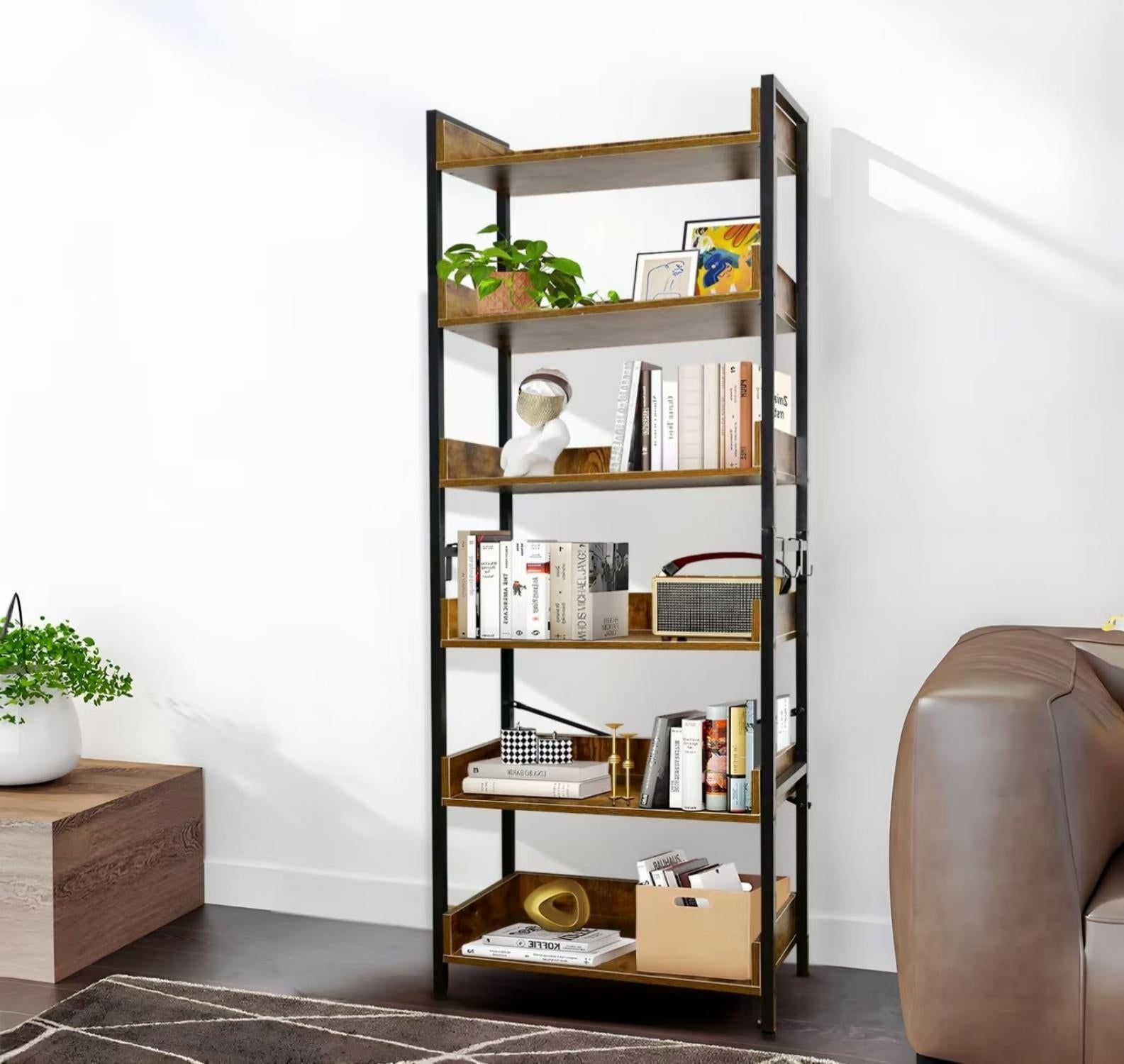 Amstech Bookshelf 6 Tier with 4 Hooks, Metal Framed Free-Standing Storage Shelf for Living Room and Home Office, Vintage
