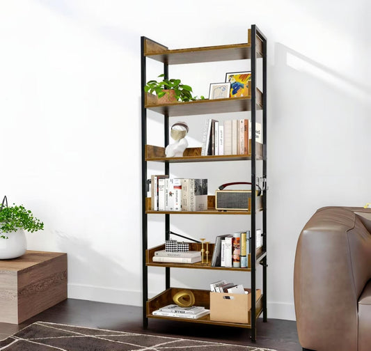 Amstech Bookshelf 6 Tier with 4 Hooks, Metal Framed Free-Standing Storage Shelf for Living Room and Home Office, Vintage
