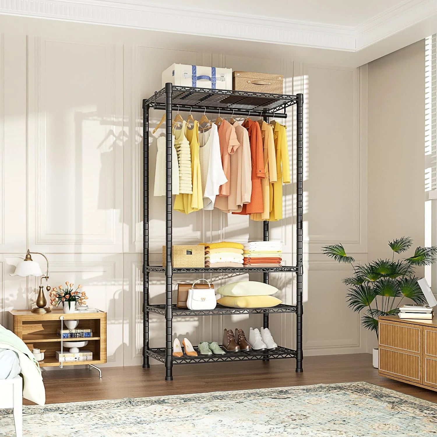 Heavy Duty Clothes Rack with 4 Fabric Drawers Adjustable Metal Wire Garment Rack W/Hanging Rod, DIY Freestanding Clothing Rack, 400lbs Load Capacity, Black