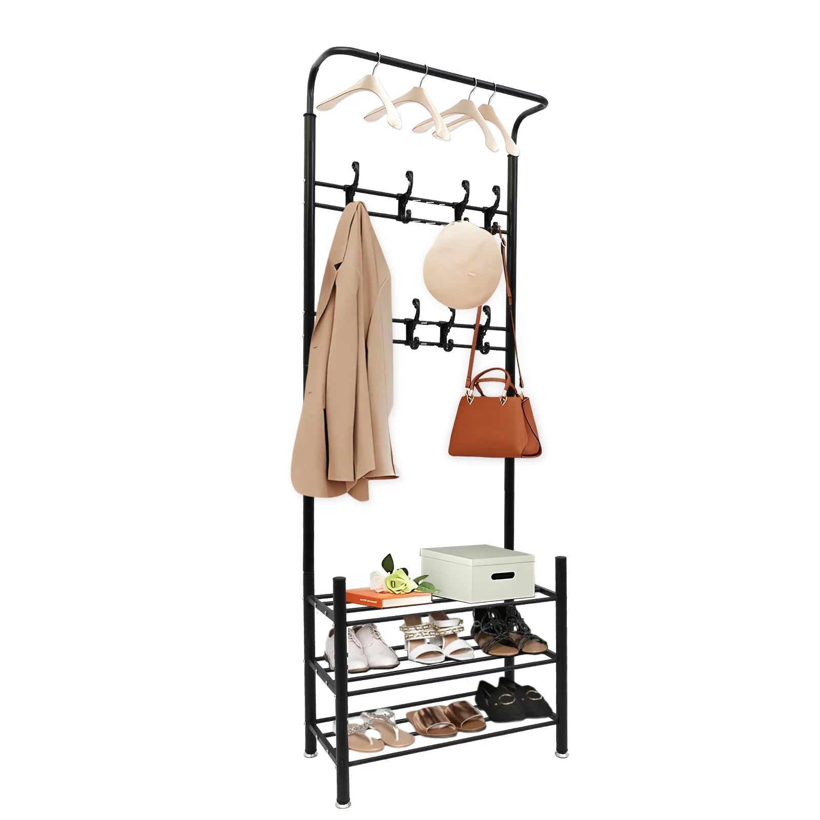 Also go 3-in-1 Coat Rack Shoe Bench Entryway Hall Tree with 9 Hooks and 3-Tier Shoe Storage Bench, Metal Coat Hat Stand Rod for Hanging Jacket, Easy Assembly, Black