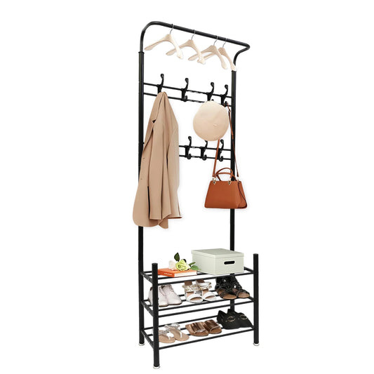 Also go 3-in-1 Coat Rack Shoe Bench Entryway Hall Tree with 9 Hooks and 3-Tier Shoe Storage Bench, Metal Coat Hat Stand Rod for Hanging Jacket, Easy Assembly, Black