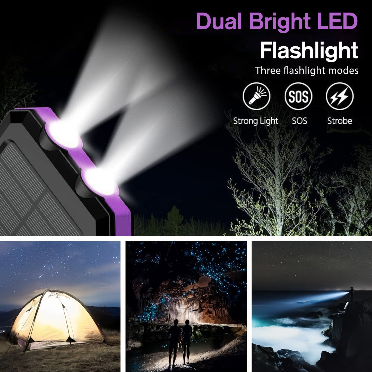 BAOKALER 30000mAh Solar Charger for Cell Phone iPhone, Portable Solar Power Bank with Dual 5V USB Ports, 2 Led Light Flashlight, Compass Battery Pack for Outdoor Camping Hiking(Purple)