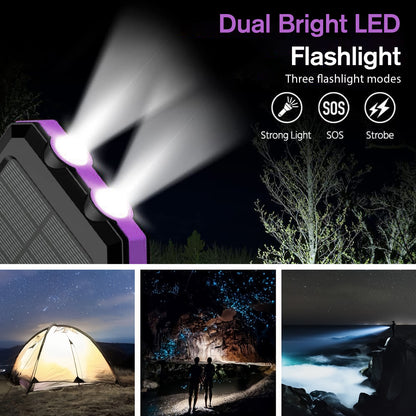 BAOKALER 30000mAh Solar Charger for Cell Phone iPhone, Portable Solar Power Bank with Dual 5V USB Ports, 2 Led Light Flashlight, Compass Battery Pack for Outdoor Camping Hiking(Purple)