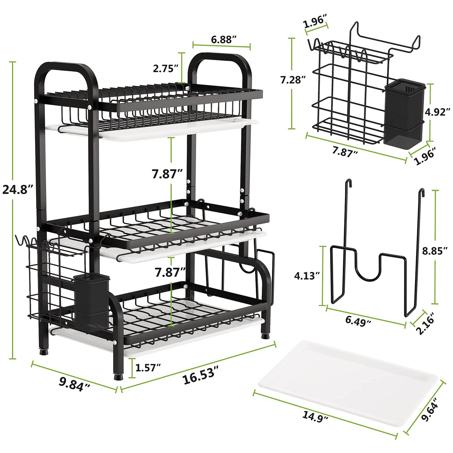 3 Tier Dish Rack for Kitchen, Rustproof Dish Drying Rack with Drain Trays, Stainless Steel Dish Drainer, Multifunctional Drying Rack for Dishes with Knife Holder Cutting Board Holder, Black