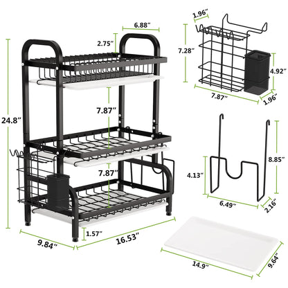 3 Tier Dish Rack for Kitchen, Rustproof Dish Drying Rack with Drain Trays, Stainless Steel Dish Drainer, Multifunctional Drying Rack for Dishes with Knife Holder Cutting Board Holder, Black