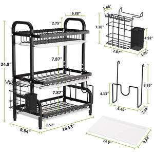 3 Tier Dish Rack for Kitchen, Rustproof Dish Drying Rack with Drain Trays, Stainless Steel Dish Drainer, Multifunctional Drying Rack for Dishes with Knife Holder Cutting Board Holder, Black