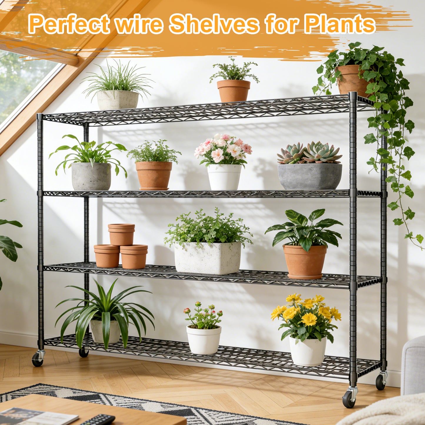 Storage Shelves Metal Shelving Unit with Wheels, 4 Tier Shelving Heavy Duty Wire Shelves for Garage, 59"×24"×75.6", Black