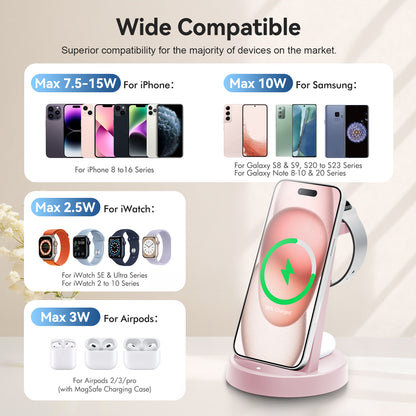 Wireless Charger for iPhone, 3 in 1 Charging Station Compatible with iPhone 17 to 12, Compatible with iWatch Series, Compatible with Airpods 4 3 2 Pro, Pink