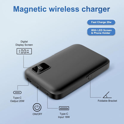 Power Bank, Magsafe Charger with LED Display, 10000mAh Portable Charger with Foldable Stand, 20W PD Fast Charging for iPhone 17 16 15 14 13 12, Black
