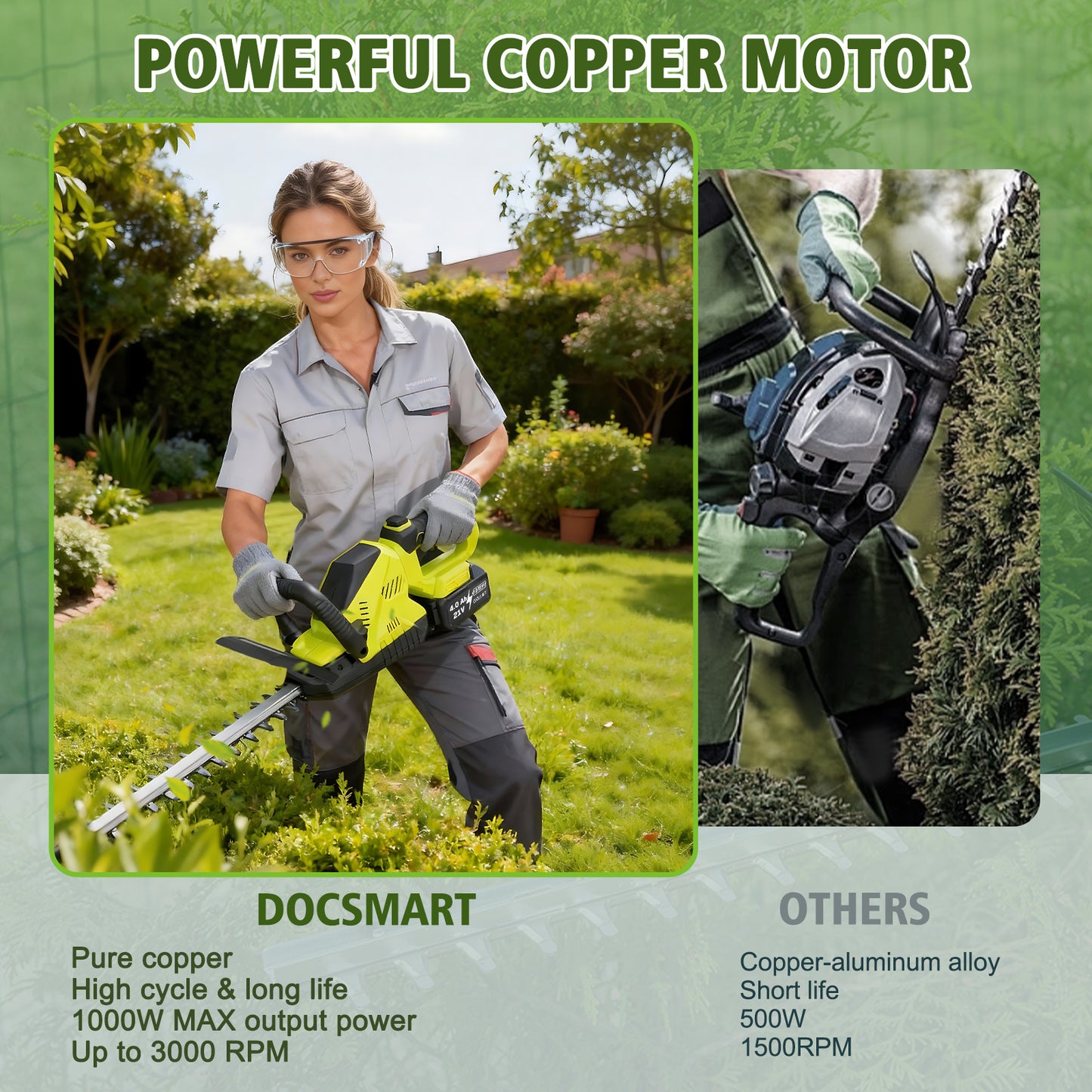 22" Cordless Hedge Trimmer, 21V Dual Action Blade Electric Bush Shrub Trimmer, 4.0Ah Battery & Charger, Green
