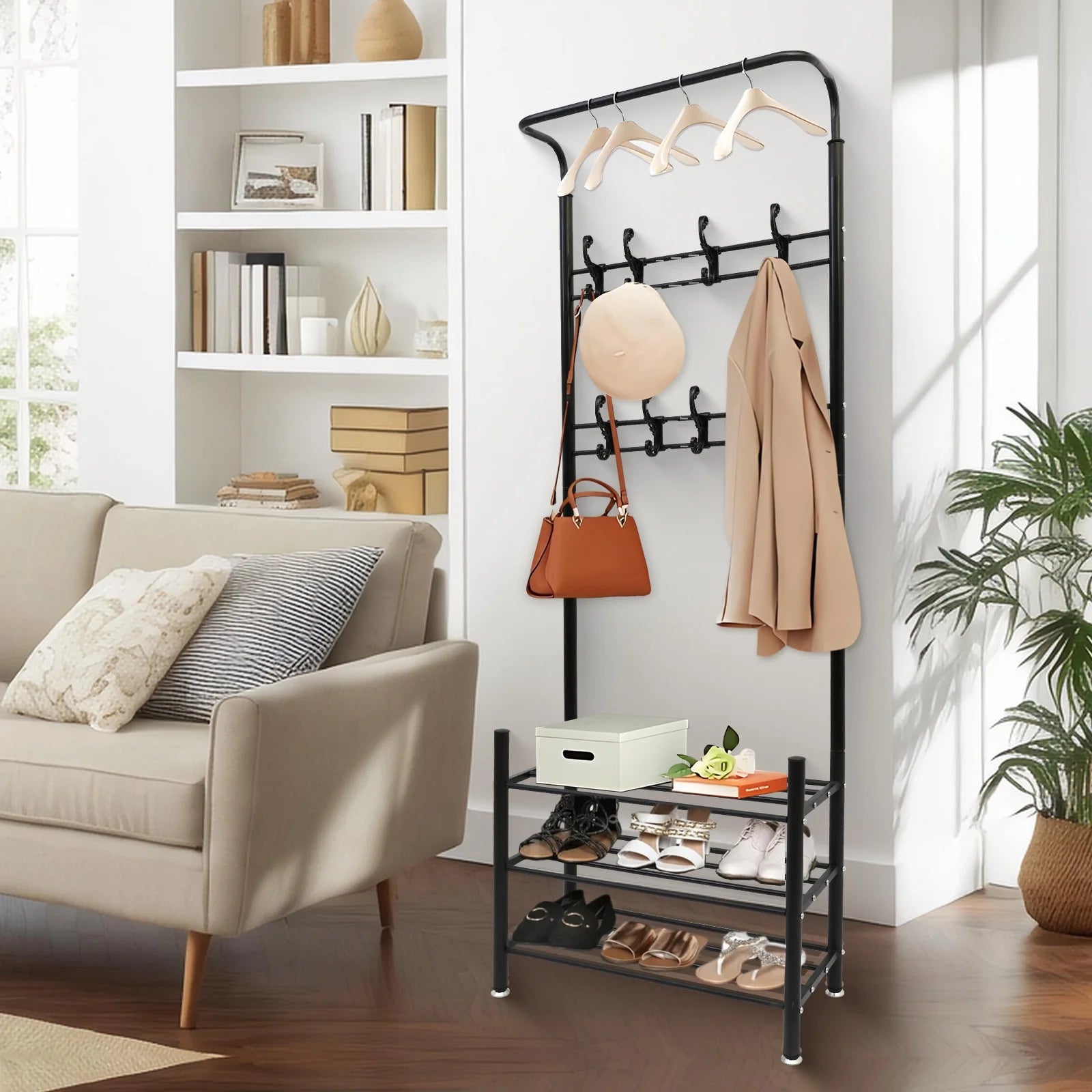 Also go 3-in-1 Coat Rack Shoe Bench Entryway Hall Tree with 9 Hooks and 3-Tier Shoe Storage Bench, Metal Coat Hat Stand Rod for Hanging Jacket, Easy Assembly, Black