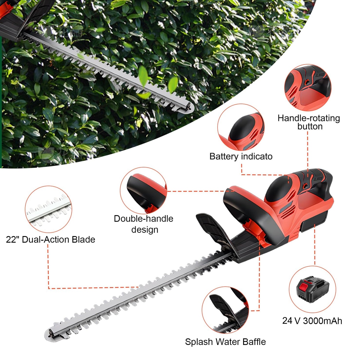 22 inch Cordless Hedge Trimmer with 2pcs 3.0Ah Batteries, Electric Hedge Trimmer for Cutting and Trimming Bushes and Shrubs